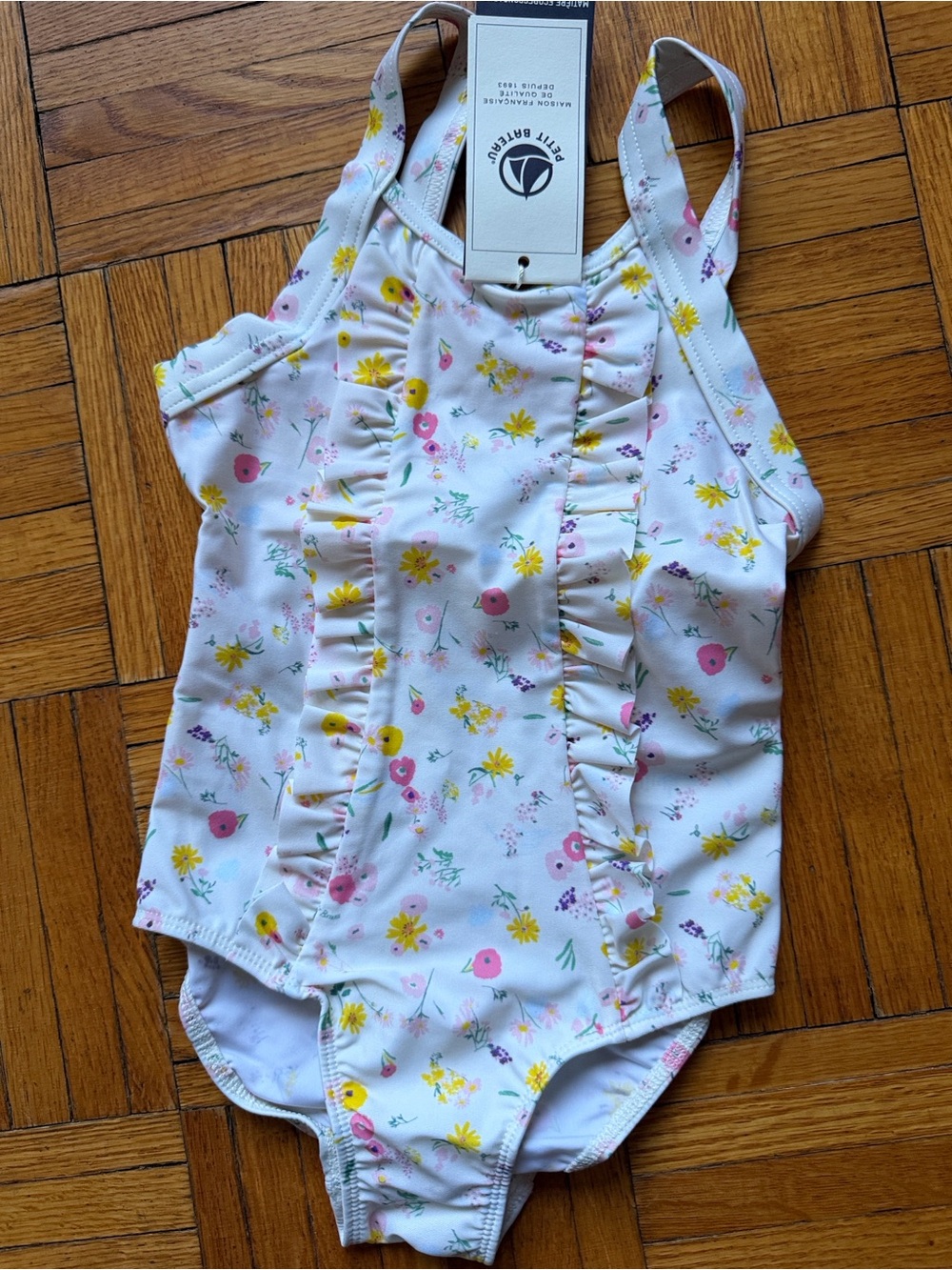 Petit Bateau White Floral Ruffle One-Piece Swimsuit